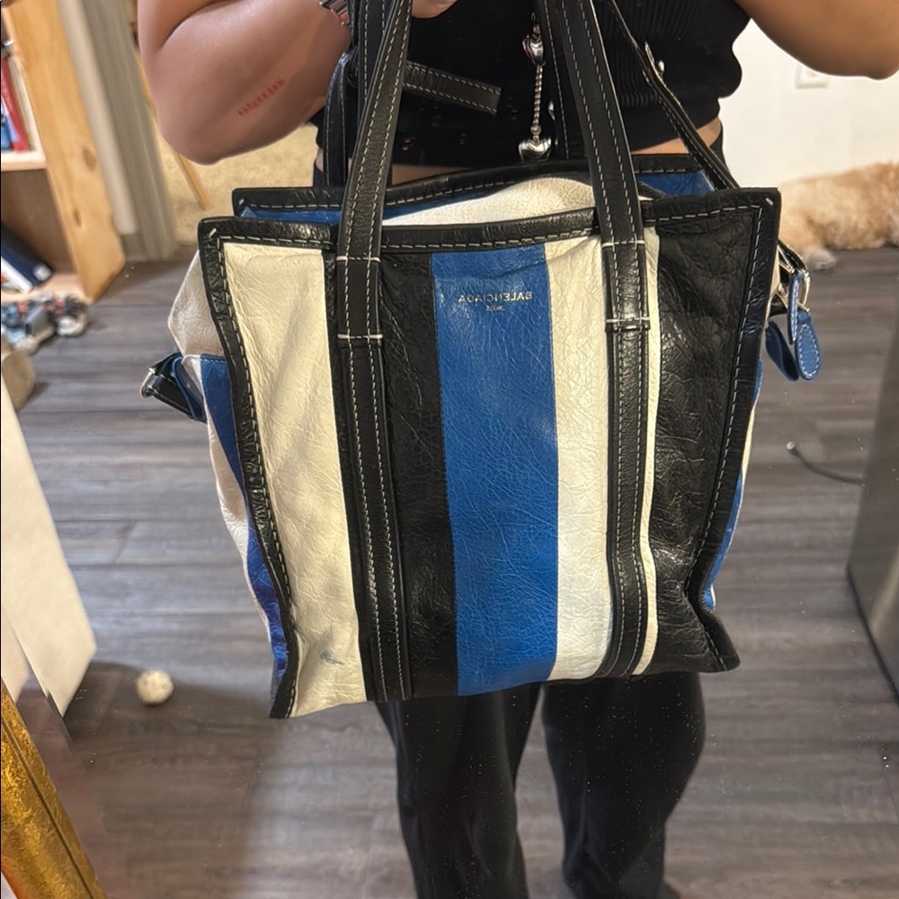 BALENCIAGA Blue black white Tote Bag with Structured Design